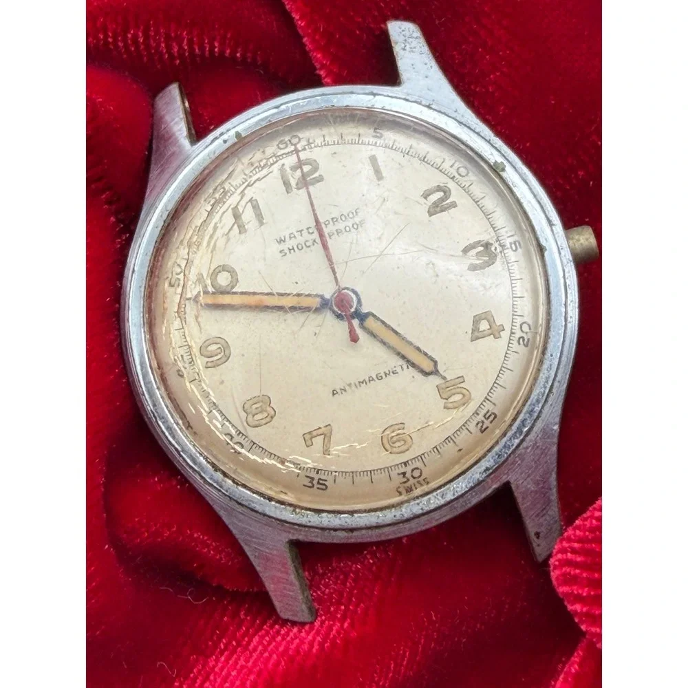 Vintage Delba Watch 17 Jewels Swiss Manual Wind Military Style Parts Repair 33mm